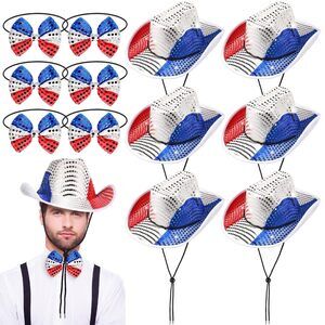 6162 12 Pcs/6 Sets Patriotic Cowboy Hats Bulk 4th Of July Sequin With Bow